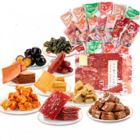 良品鋪?zhàn)?東方食力零食大禮包 豬肉脯鴨脖烤腸辣條豆干等30袋休閑零食肉干肉脯小吃中國風(fēng)禮盒裝600g
